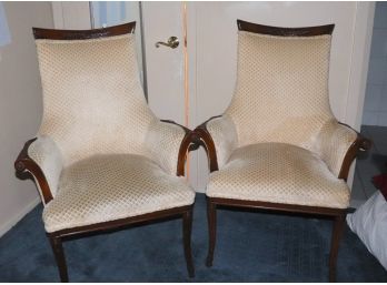 Pair Of Vintage Hollywood Regency Style Armchairs With Carved Wood Details
