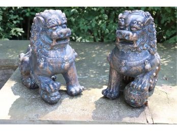 Pair Of Cement Guard Dragons / Foo Dogs Handsomely Painted In Bronze Finish
