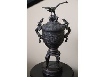 Superb Asian Design Bronze Urn & Lid With Dragon Handles & Bald Eagle