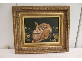 Signed Painting Of Rabbit In Field Of Pansies