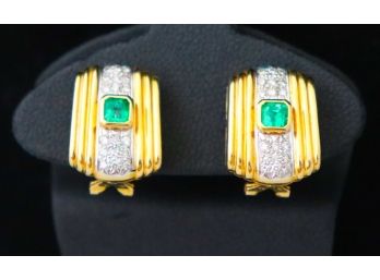 Pair Of 14K YG Earrings With Emeralds And Diamond Accents