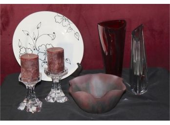 Modern Group Of Decorative Items - Spire Shaped Baccarat Crystal Vase, Bohemia Ruby Glass Vase, Candlesticks
