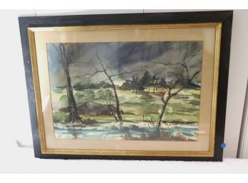 Watercolor Landscape With Trees & Pond Signed Kessler