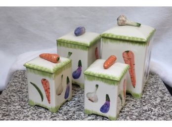 Glazed Ceramic Canister Set Consisting Of 4 Canisters With Vegetable Designs By William Patterson