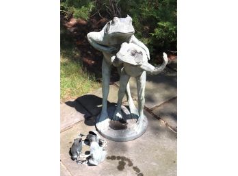 Adorable Group Of Outdoor Metal Frog Statues, Tall Pair In An Embrace & Small Frogs In A Dance