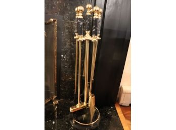 Eclectic & Functional Set Of Fireplace Tools With Marble Handles On Swivel Center Base