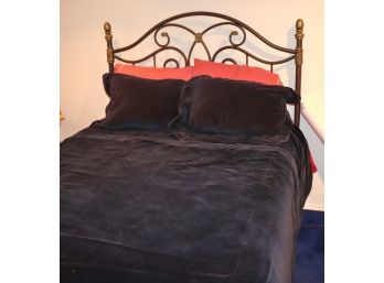 Full Size Bed With Curved Metal Headboard & Stearns And Foster Mattress & Navy Velvet Bedding