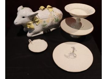 Adorable Lamb Shaped Serving Tureen With Bow Top & 4 Lenox Serving Plates