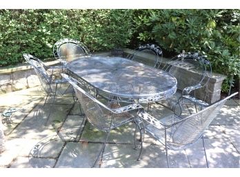 Outdoor Metal Dining Table & 6 Armchairs With Diamond Mesh Style Tabletop & Chairs