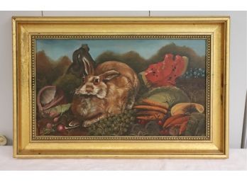 Signed Painting Of Large Rabbit Surrounded By Fruits & Vegetables