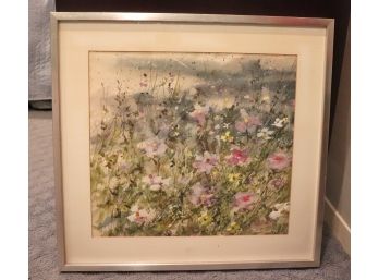 Watercolor Painting Of Meadow Flowers In Silvered Wood Frame Signed Davis Carroll 1969