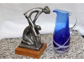 Austin Products Figurine Of Kids Playing Leapfrog On Wood Base & Blue Art Glass Pitcher