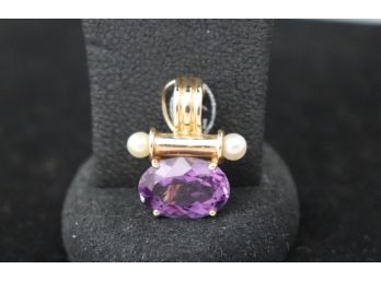 14K YG Pendant With Large Amethyst Stone And Two Pearl Accents