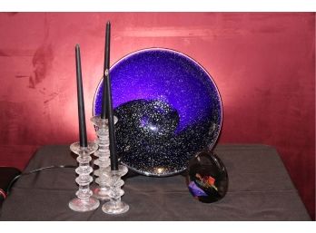 Modern Silver Flecked Blue Glass Display Plate, 3 Italla Finland Graduated Size Candlesticks, Signed Glass Orb