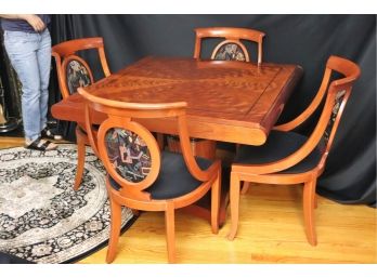 Italian Made Lacquered Wood Square Table With Pedestal Base & 4 Chairs With Abstract Fabric Panels