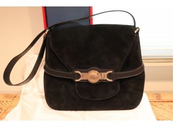 Vintage GUCCI Black Suede Ladies Pocketbook With Strap Handle & Flap Closure