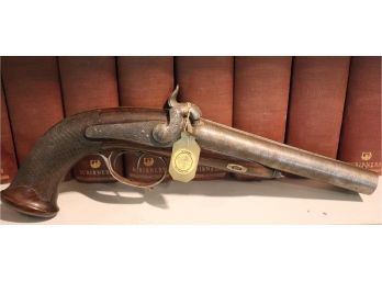 Unusual Vintage Ca 1860s Double Barrel Black Powder Handgun Of Rosewood & Steel On Metal Stag Holders