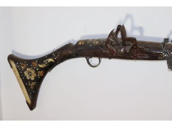 Amazing 19th C Hunting Rifle From A Long Island Estate. With Filigree Brass Rings & Inlaid Handle