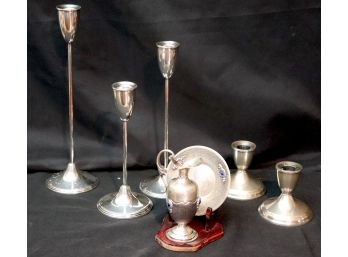 Vintage Sterling Silver Items Include Candlestick Trio, Decorative Pitcher & Plate & Small Candlestick Holders