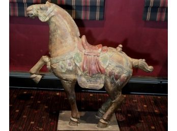 Beautifully Painted Tang Horse On Base With Raised Right Leg & Saddle
