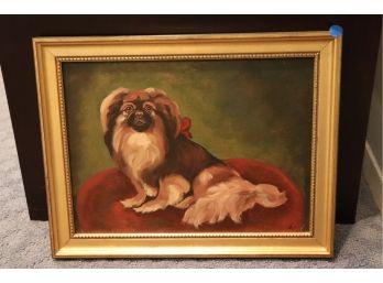 Painting Of Pekingese Dog On Canvas In Nice Gold Frame