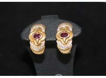Pair Of 14K YG Ruby And Diamond Accent Earrings
