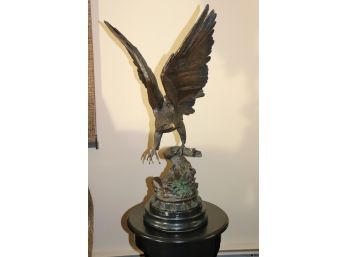 Magnificent Bronze Bald Eagle Statue Sculpture On Green Marble Base After Jules Moigniez
