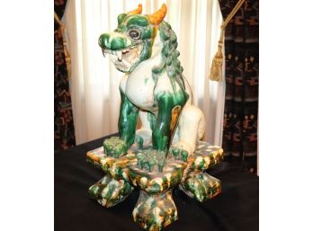 Unique Vintage Oversized Ceramic Painted Asian Guard Dragon / Foo Dog On Pedestal Base