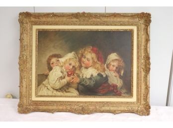 Enchanting Antique Oil Painting Of Little Girls The First Bite By M. Parsons & Exhibited At Royal Academy