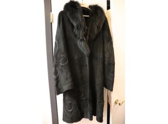 Beautiful Black Embroidered Italian Shearling Ladies Mid Length Coat With Fox Collar