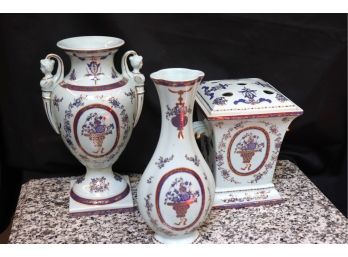 Group Of 3 Porcelain Pieces Stamped Andrea By Sadek, Including Urn With Caryatid Handles