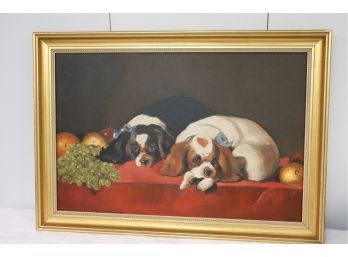 Painting Of Adorable Spaniels Puppies On Red Table With Grapes & Oranges In Gold Frame