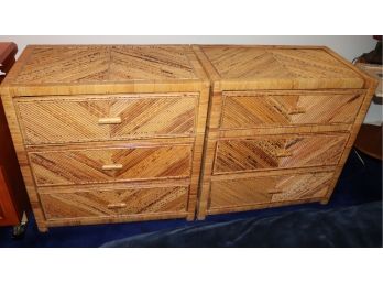 Pair Of Vintage Rattan 3 Drawer Chests / Dressers