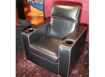 PAIR Of Leather Reclining Theater Chairs In Gorgeous Black Leather With Maroon Piping & Cup Holders