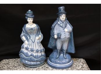 Charming Pair Of Hand Painted Decorative Bottles Featuring A Gentleman And Lady In 19th Century Garb