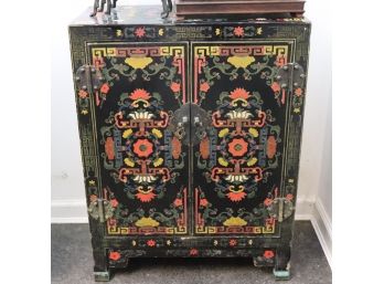 Vintage Painted Asian Cabinet, Colorful Design. Has Brass Hinges, And Closure, Includes Original Lock