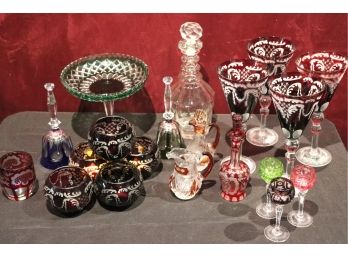 Large Lot Of Beautiful Etched Bohemian Cranberry Glassware, And Green Glass Compote & Assorted Crystal Items
