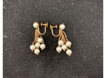 14K YG Pair Of Pearl Cluster Earrings With Screw Backs