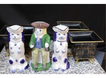 Set Of 3 Toby Mugs, A Gentleman & 2 Pekingese With Set Of Tole Metalware Footed Planters In Varied Of Sizes