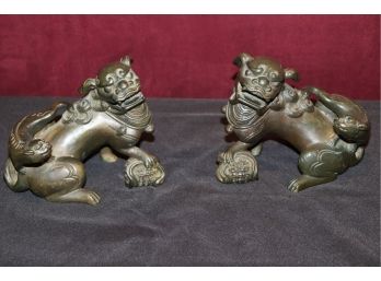 Interesting Pair Of Bronze Guard Dragon / Foo Dogs With Stylized Creatures Stamped Andrea By Sadek