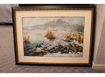 Watercolor Landscape Painting Of Lake & Mountain, Signed Kessler Framed