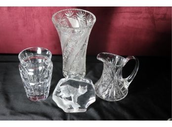 Crystal Items Featuring Modern Baccarat Crystal, Glass Paperweight With Etched Lynx, Etched Vase & Pitcher