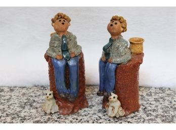 Pair Of Fun Ceramic Hand-Made Candle Holders With A Goofy Businessman & Pet Cat