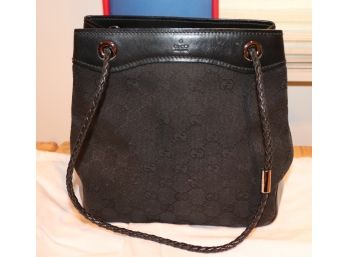 Vintage GUCCI Ladies Handbag Of Logo Fabric With Leather Trim & Braided Strap