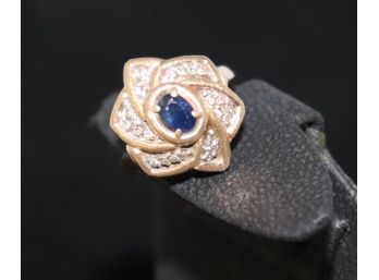 14K YG Ring With Blue Sapphire And Pave Accents