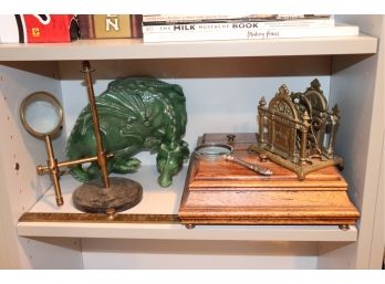 Fun Lot Of Vintage Items, With Brass Magnifying Glass, Decorated Brass Letter Holder & Dragon Candle