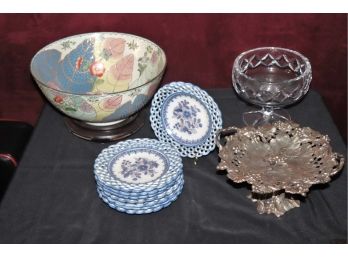Large Decorative Bowl, Andrea By Sadek & 8 Blue Dessert Plates, Silver Plate Serving Dish & Sevres Crystal