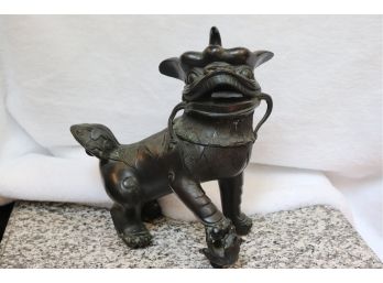 Smiling Bronze Guard Lion With Horn & Little Guard Lion Playing With His Paw