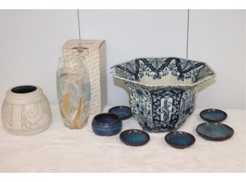 Lot Has Blue & White Painted Planter With Scalloped Edges By Makkum, Lapid Art Pottery Vase & Rosenthal Glass