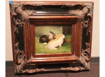 Adorable Painting Of Bunnies In Elegant Black & Dark Gold Frame